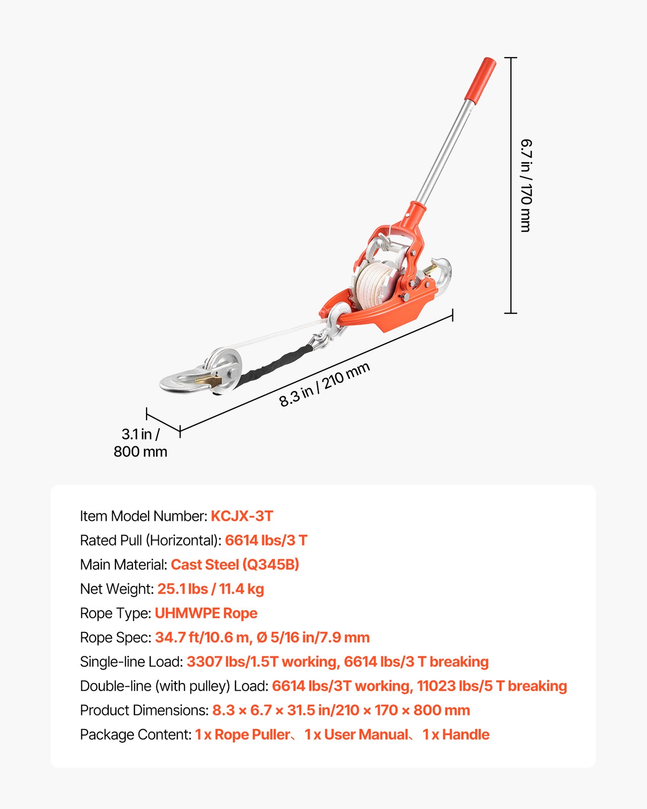 VEVOR Rope Puller 6614 lbs Capacity Come Along Winch 35 ft of 0.3 in Dia Rope