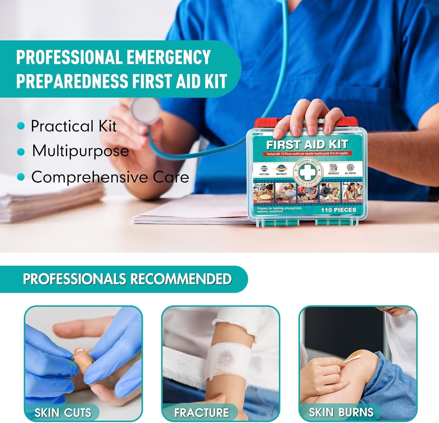 110 Pieces Small First Aid Kit - HardCase First Aid Box - Contains