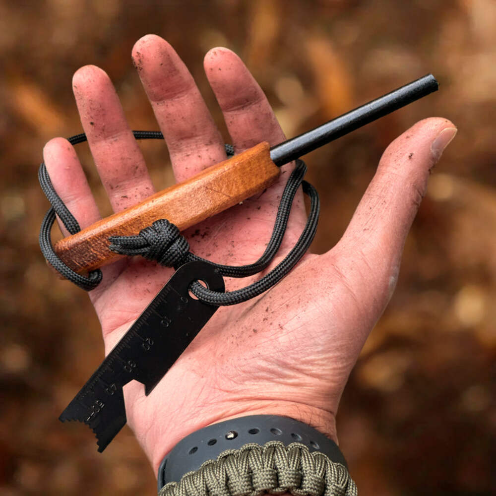 Dubrak Wood Handle Ferro Rod Fire Starter Flint + Fatwood + Burlap Bag