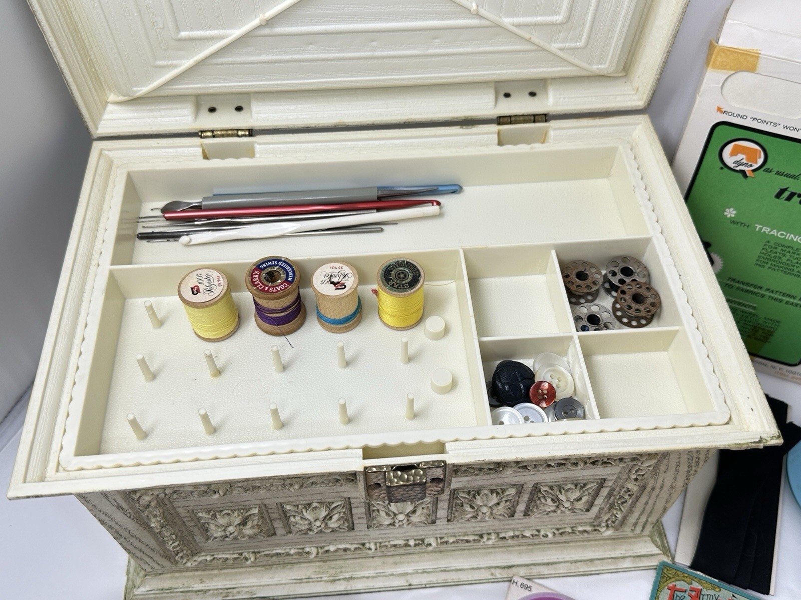 Vintage Max Klein Sewing Box Faux Wood Plastic Storage with Contents Supplies