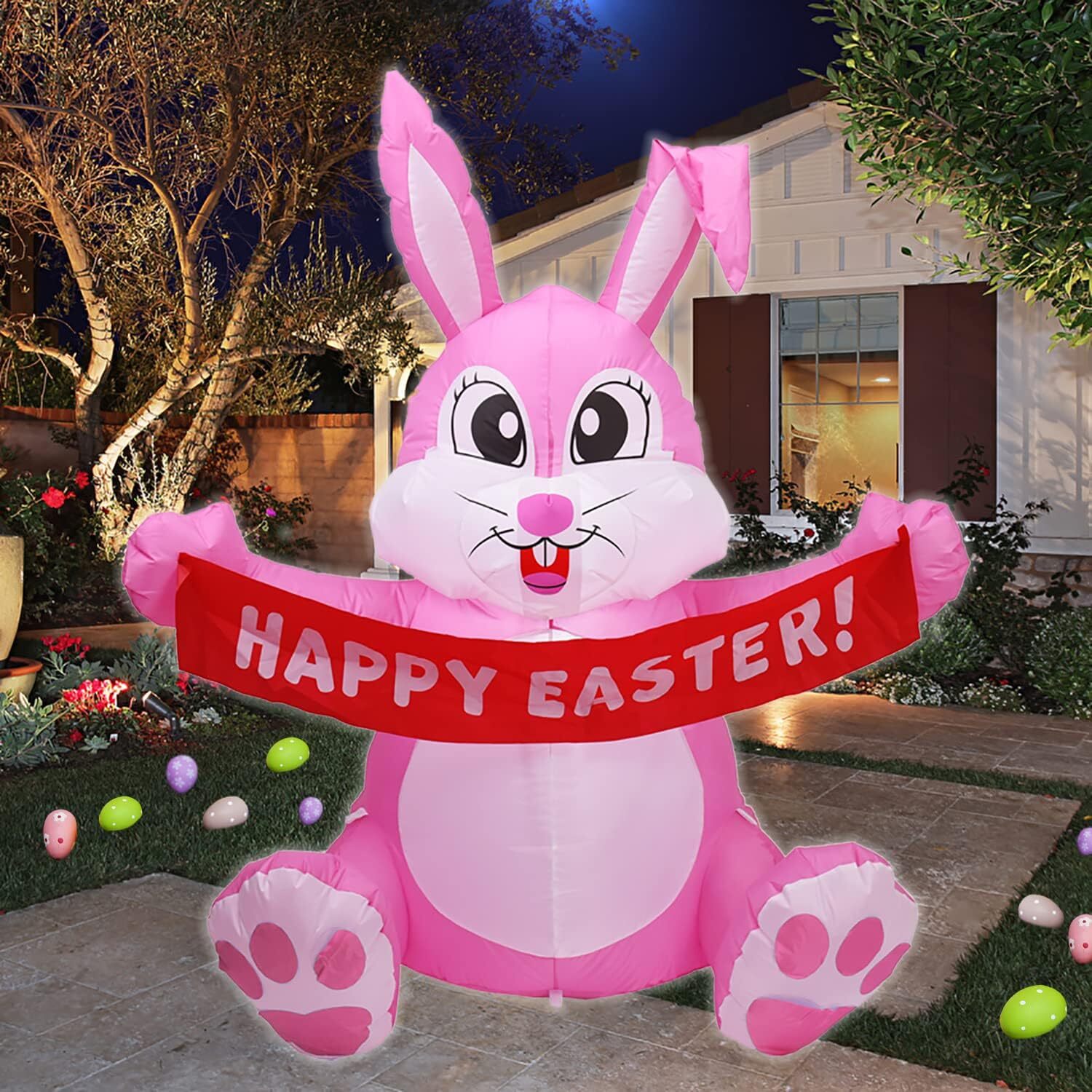 5 FT Easter Pink Bunny Inflatable Lighted Yard Decorations LED Blow up Rabbit