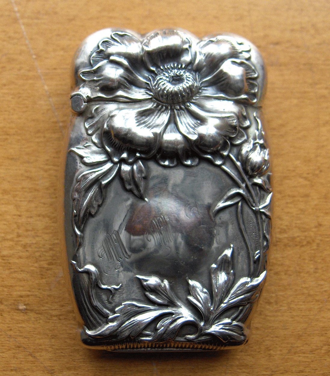Sterling silver antique match safe/vesta striker case~Art nouveau repousse poppy