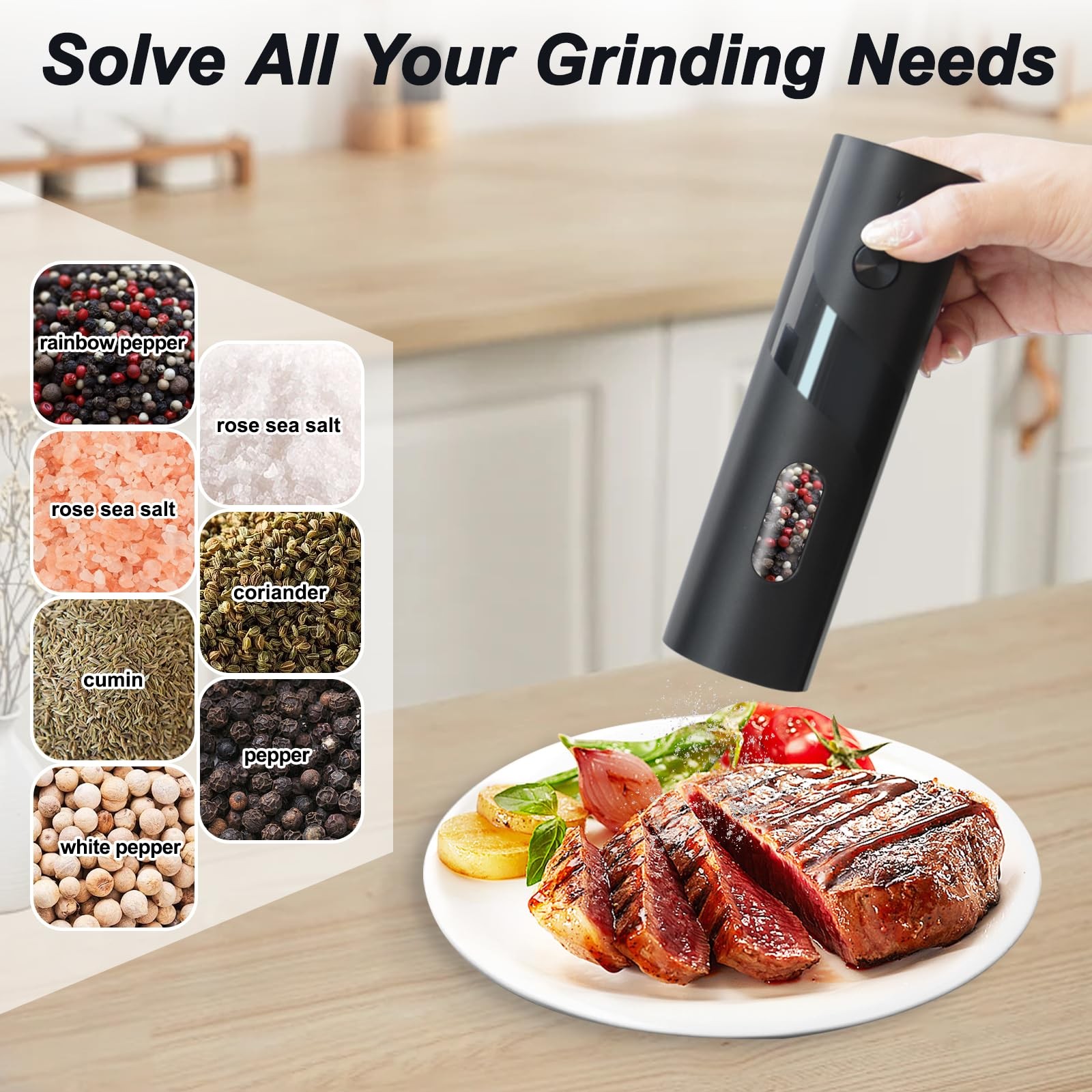 Electric Salt and Pepper Grinder Set Rechargeable with LED Pack of 2 with Base
