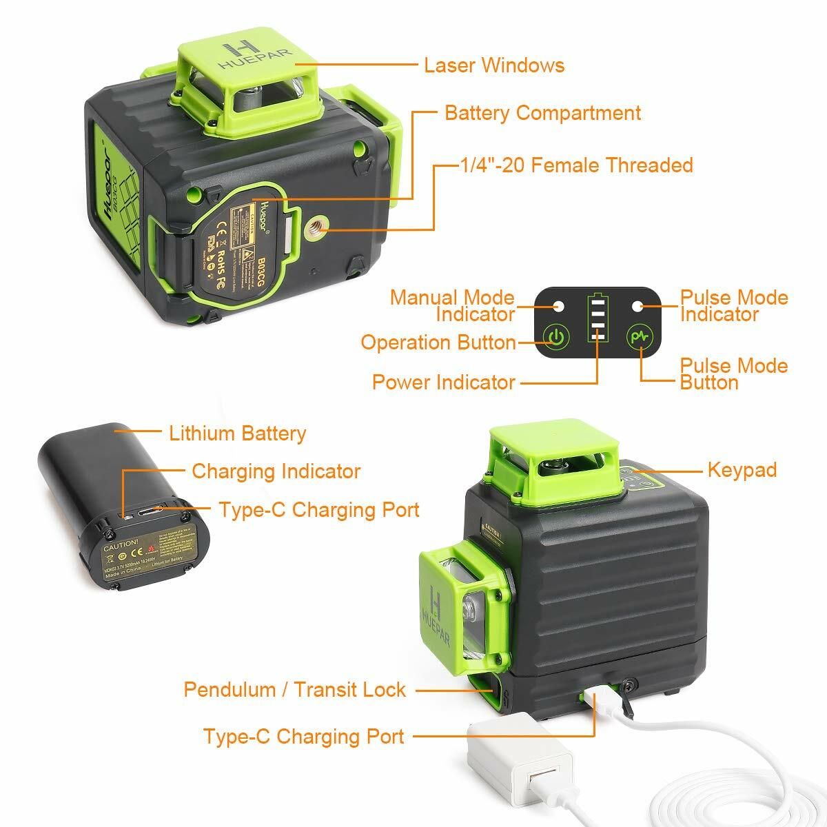 3D Cross Line Self leveling Laser Level Green Beam with Type-C Charging Port