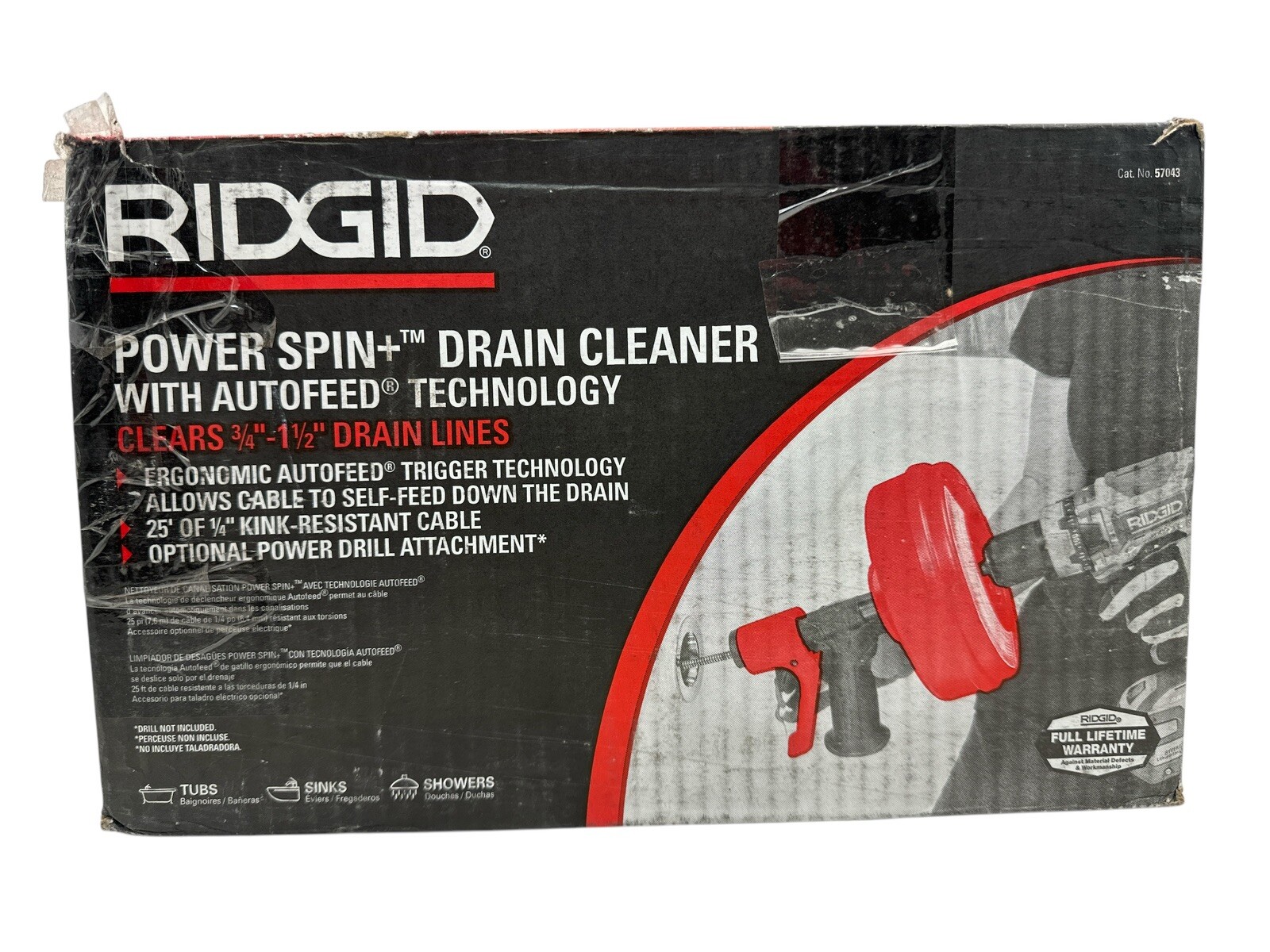 RIDGID Power Spin+ Drain Cleaner w/Autofeed 3/4" -1 1/2" Drain Lines 57043 Used2