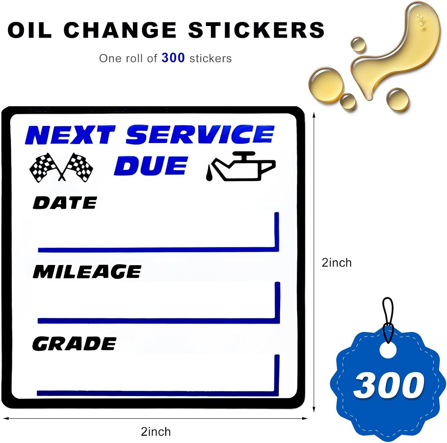 300PCS Oil Change Stickers, 2" × 2" Transparent No Residue Oil Change Reminder