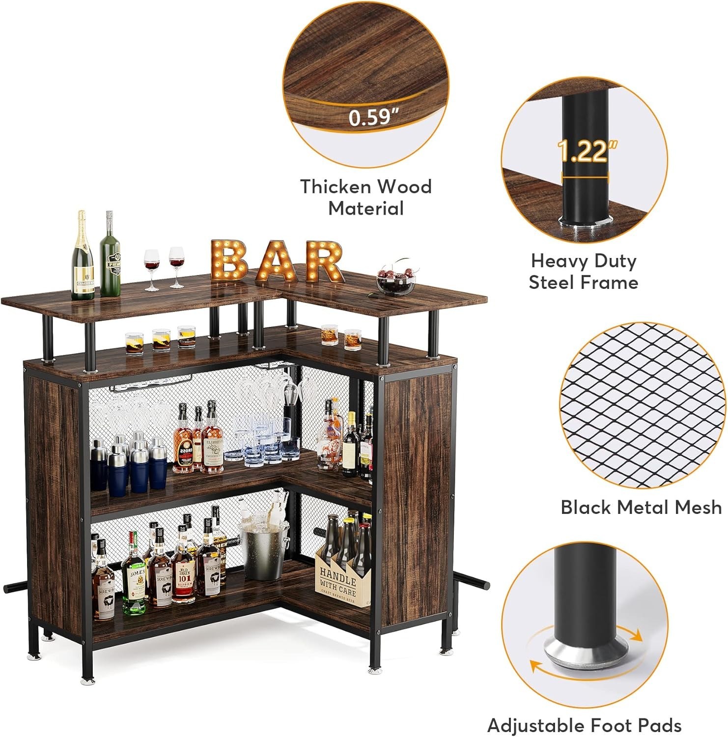 Home Bar Unit, 2-Tier L-Shaped Bar Table With Stemware Racks For Kitchen/Pub