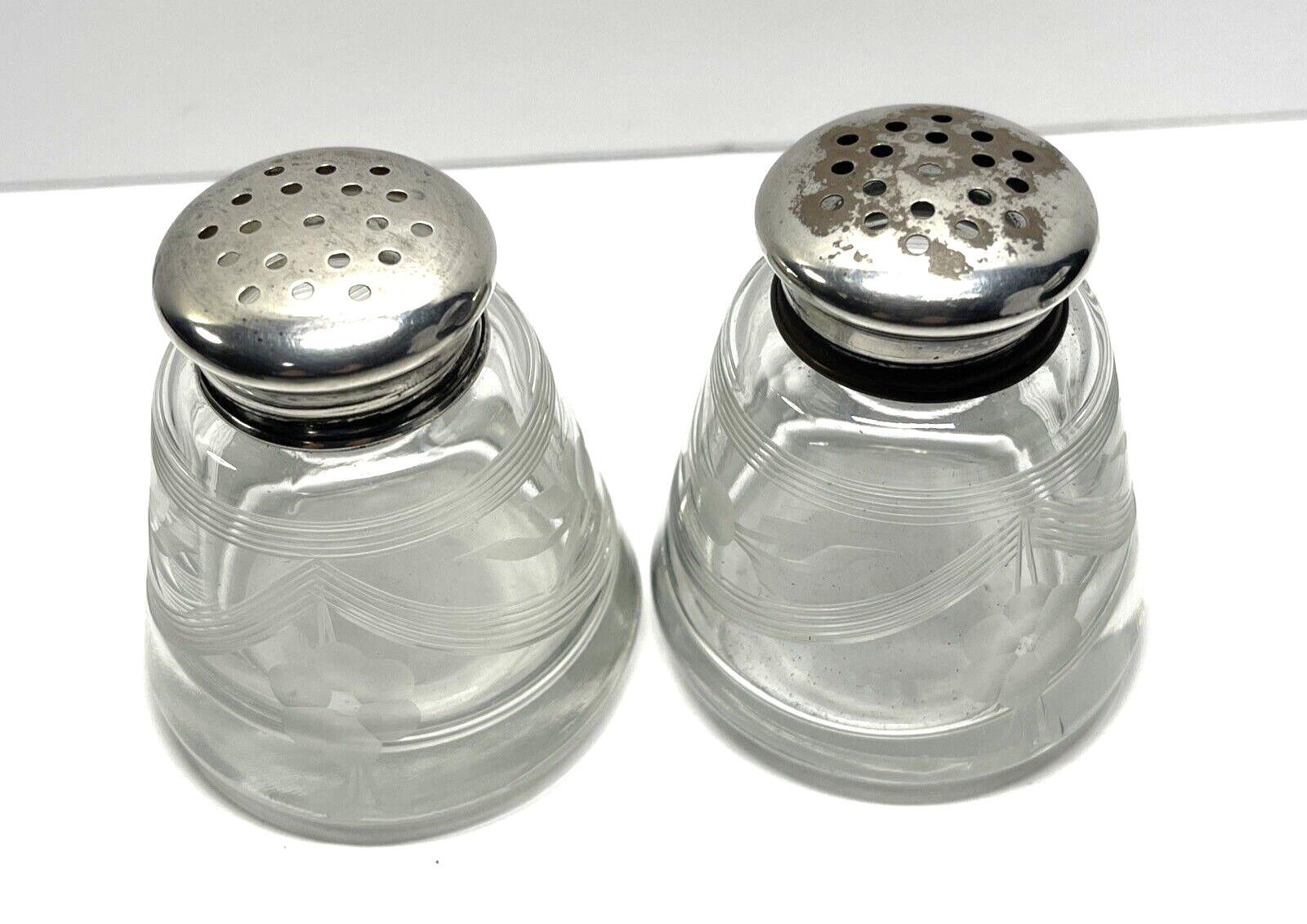 Etched Hand-Blown Glass Salt & Pepper Shaker Set Sterling Silver Tops - Vintage