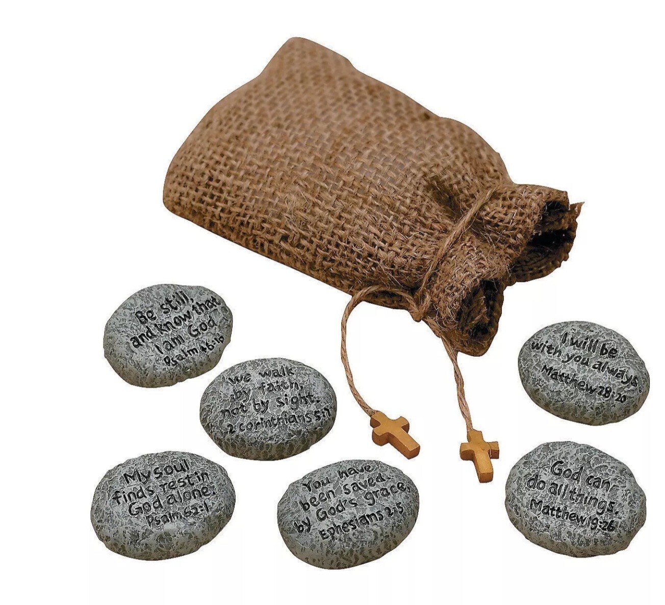 Stones of Faith ~ 6 Hand Painted Inspirational Resin Stones in a Burlap Bag