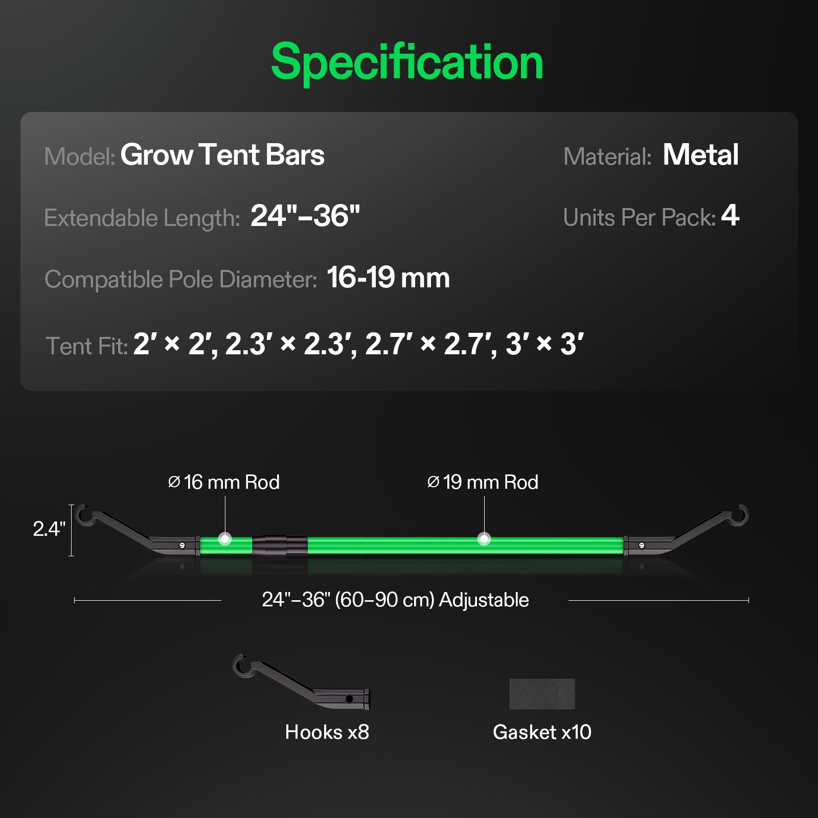VIVOSUN Grow Tent Mounting Bars Support Pole High CFM Kit for 2x2ft-3x3ft Tent
