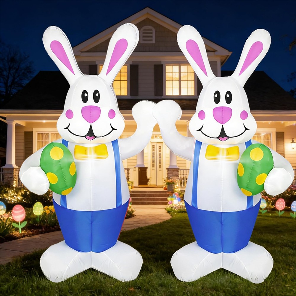 2PCS 6FT Easter inflatables Bunny Outdoor Decorations LED Lighted Blow Up Rabbit