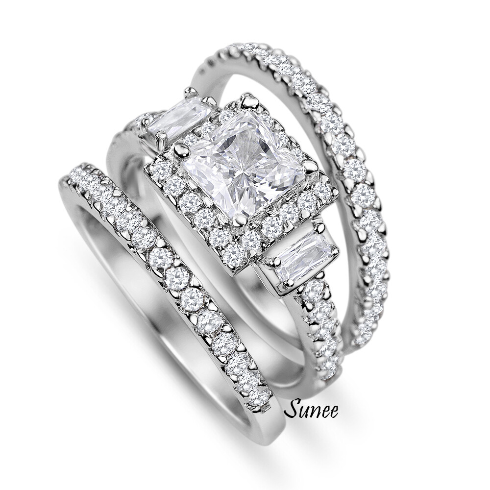 Halo Simulated Princess Cut 925 Wedding Rings Engagement Rings Set Simulated