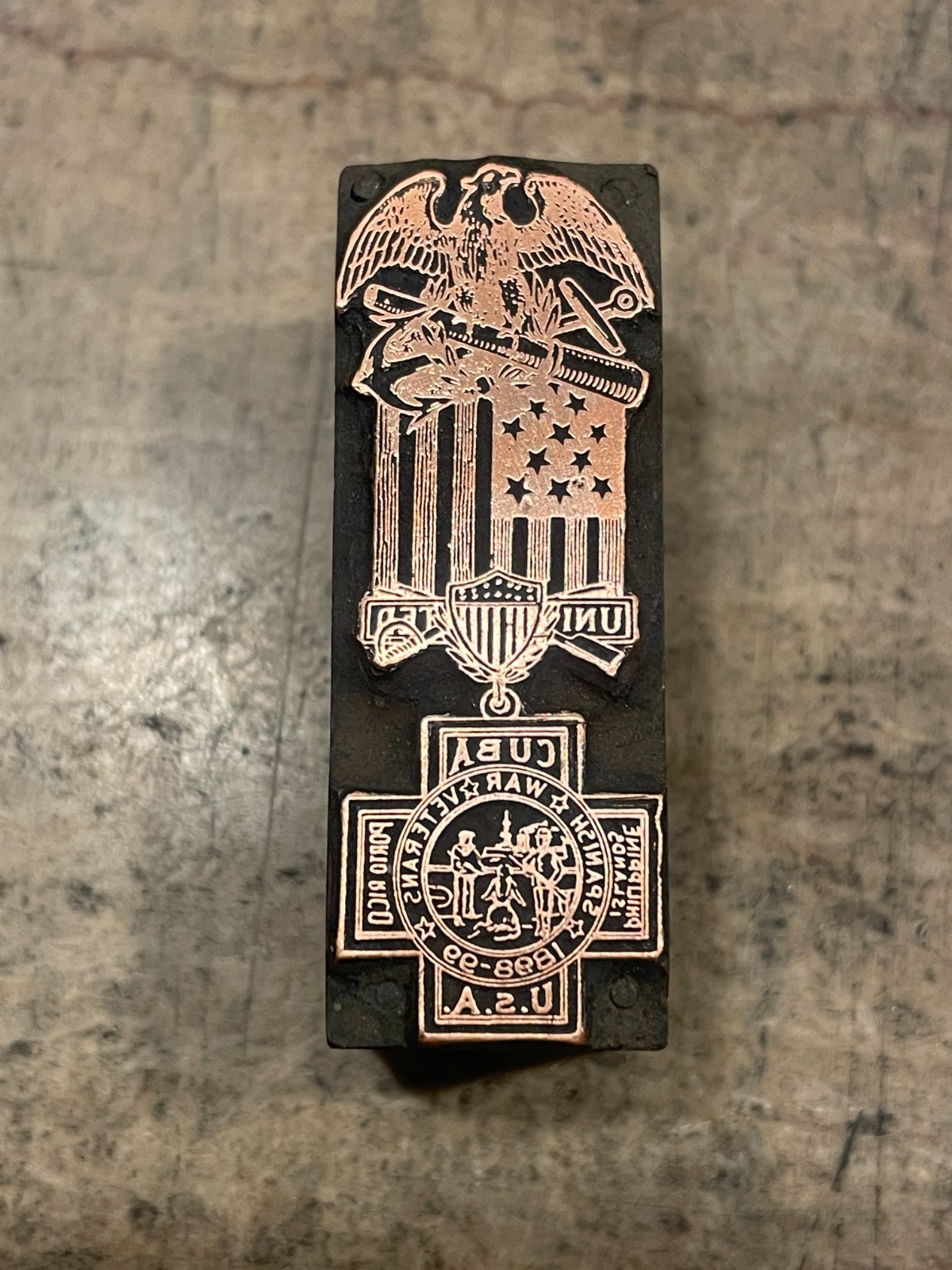 Printing Letterpress Printers Block Copper Spanish American War Medal (1623)