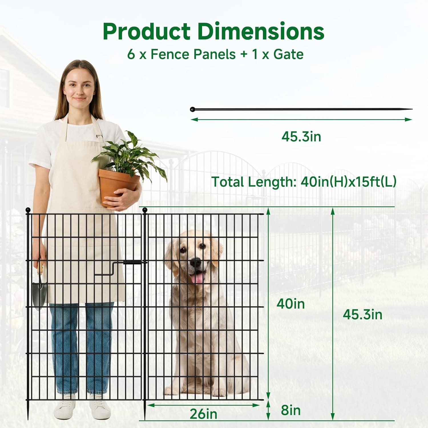 SLSY Metal Garden Fence Animal Barrier with Gate No Dig Dog Pet Fence 7/13 Panel