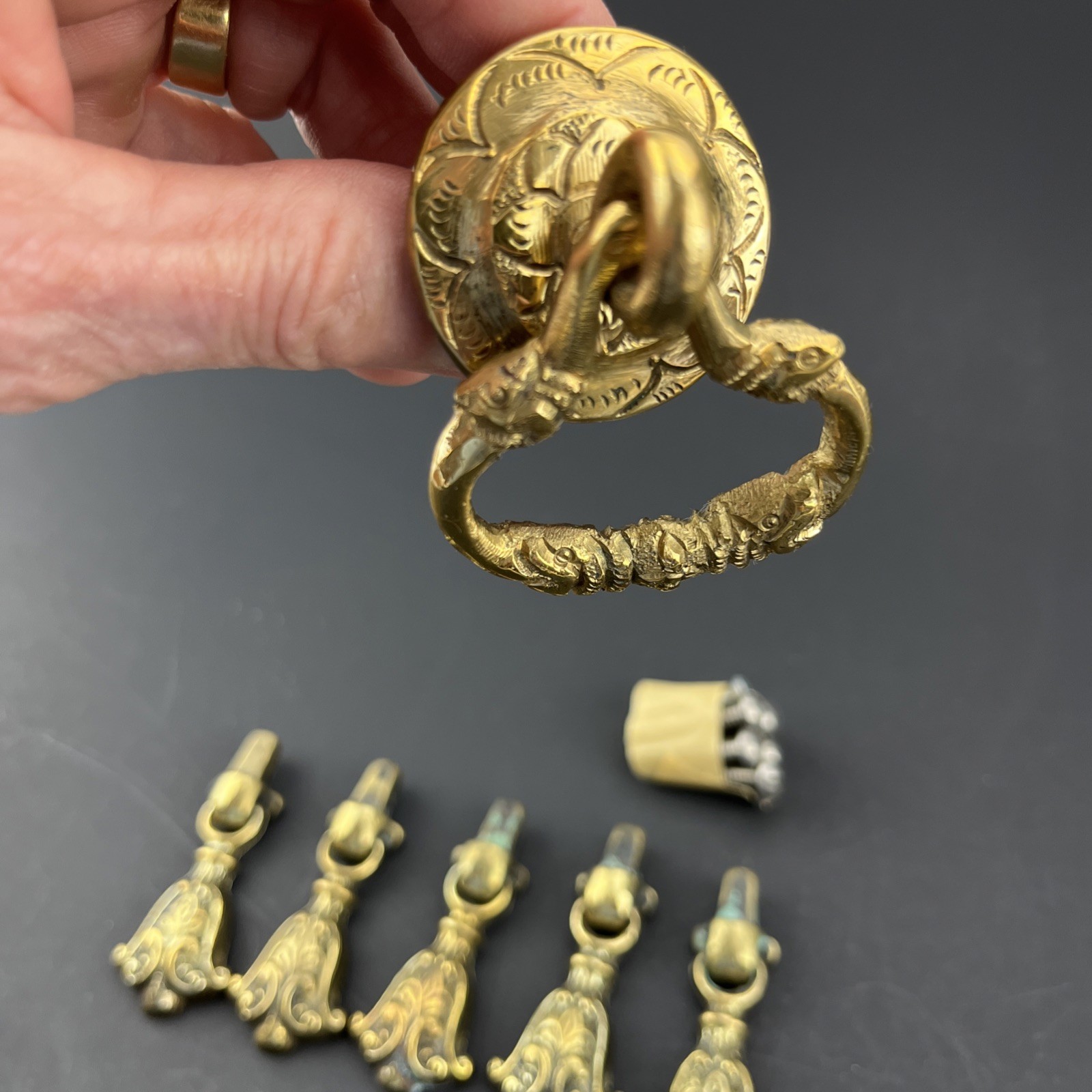 6 Antique Solid Brass drawer Pulls Patina 2 Sizes Bigger One Has Snake Heads