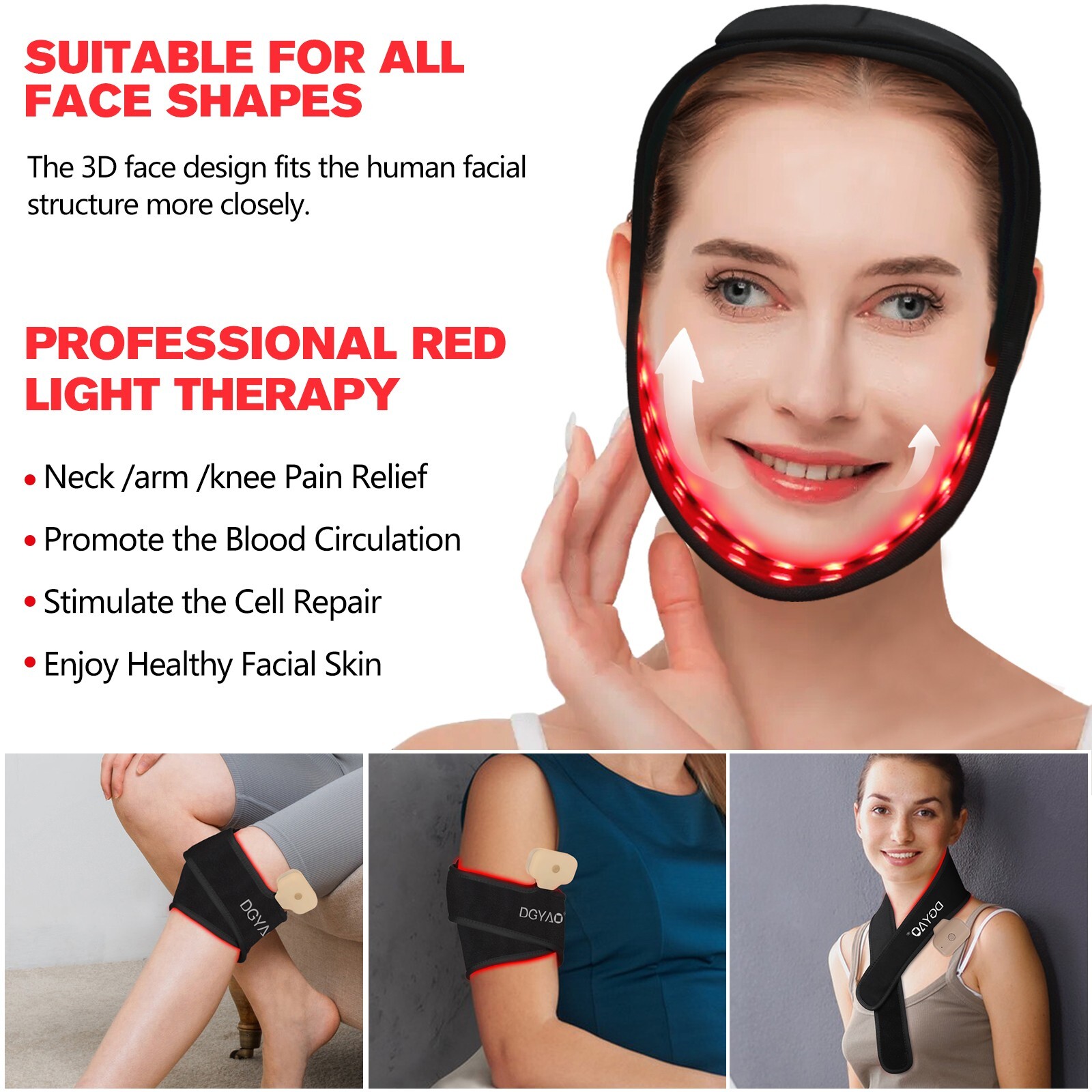 8 Colors Red Light Therapy for Neck Chin Firming, Cordless Wearable Infrared Lig