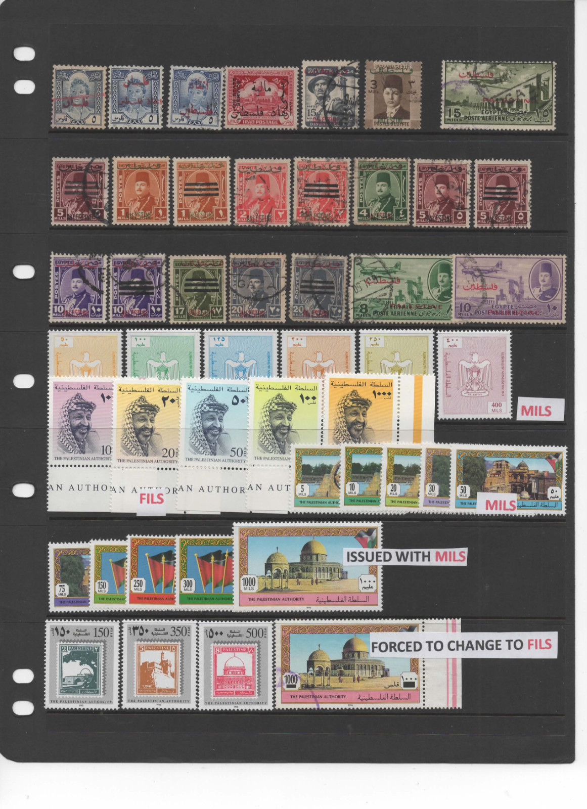 PALESTINE GAZA IRAQ 118 STAMPS COLLECTION 1923-1999 WITH MILS CHANGED TO FILS!!!