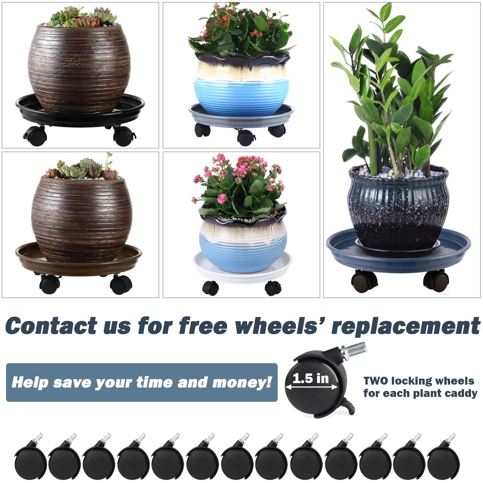 6 Packs Plant Caddy with Wheels 11.8" Plastic Rolling Plant Dolly Coasters He...
