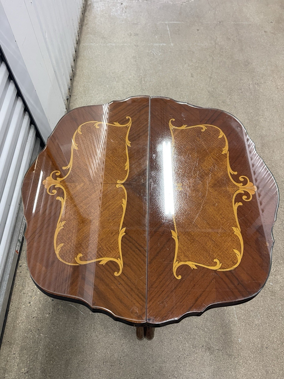 Vintage French Neoclassical Inlaid Marquetry Wood Side Table Ornate Legs Glass