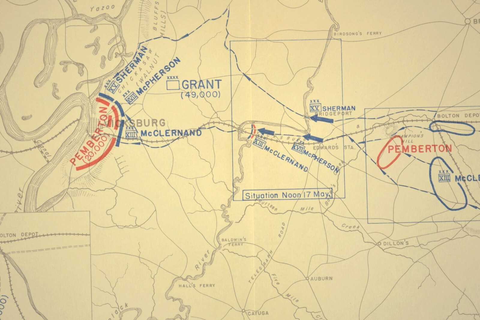 Civil War Map Union Advance to Vicksburg Campaign Mississippi Grant Pemberton