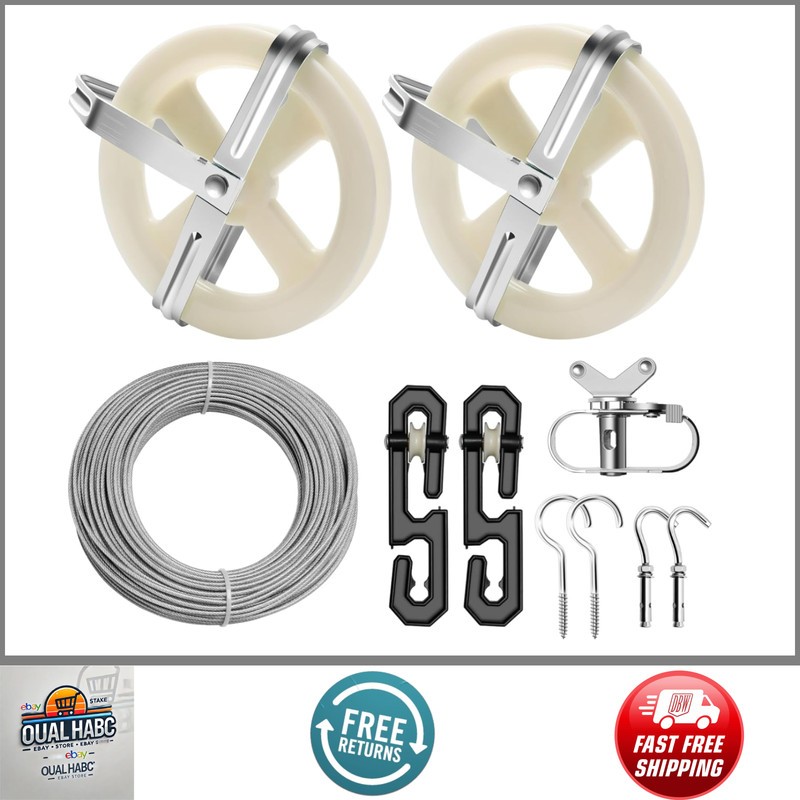 Clothesline Pulley Kit Outdoors 150.9FT PVC Wire Rope 5" Pulleys Tightener Hooks