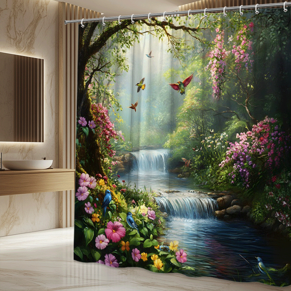 Waterfall Forest Shower Curtain Colorful Birds and Flowers Nature Bathroom Decor