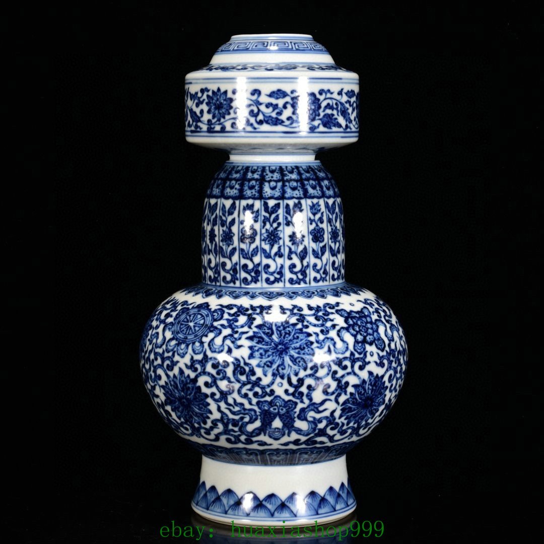 11.4"Old Qianlong Marked Blue White Porcelain Lotus Flower Pattern Bottle Vase