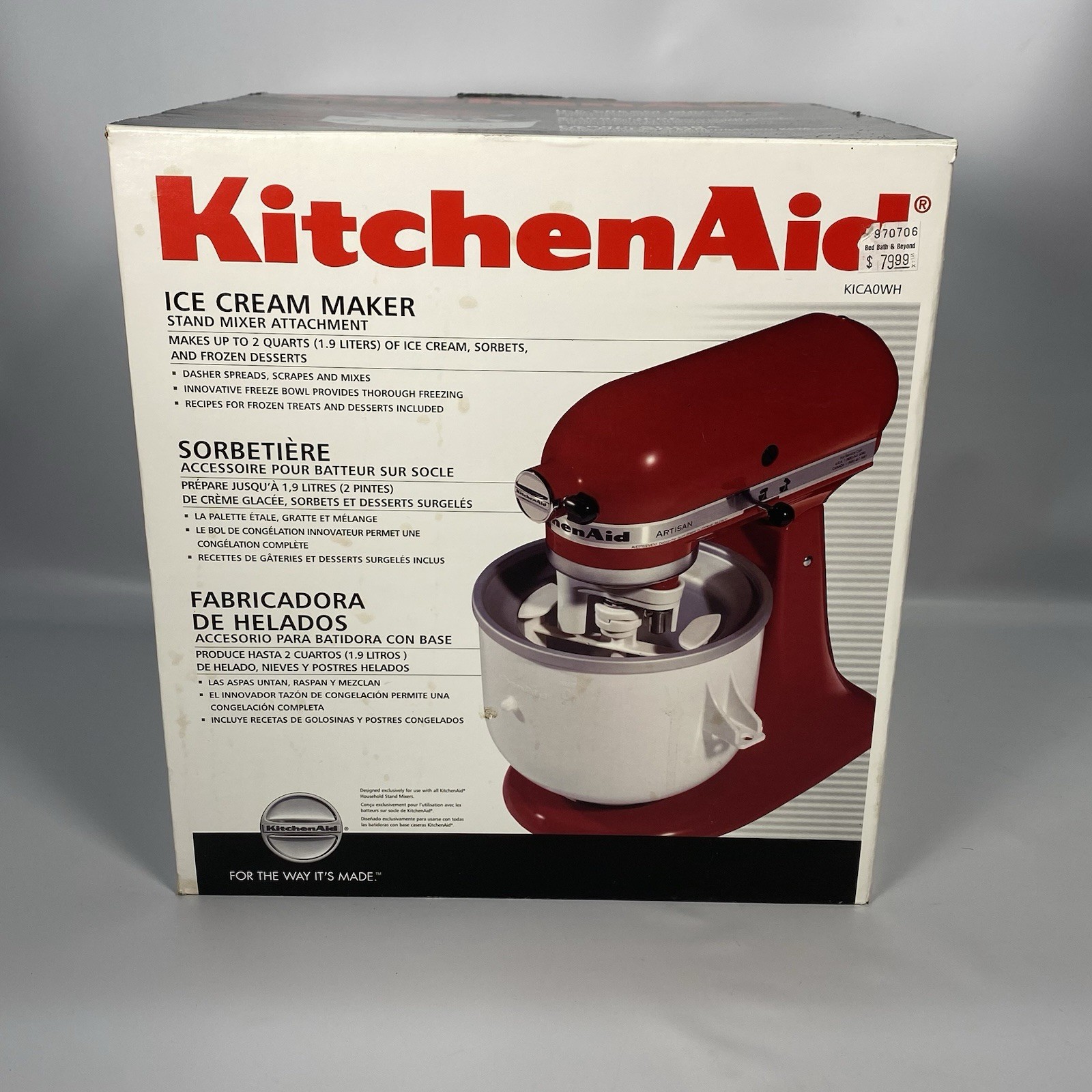 KitchenAid KICA0WH Ice Cream Maker Stand Mixer Attachment 2qt Freeze Bowl OB