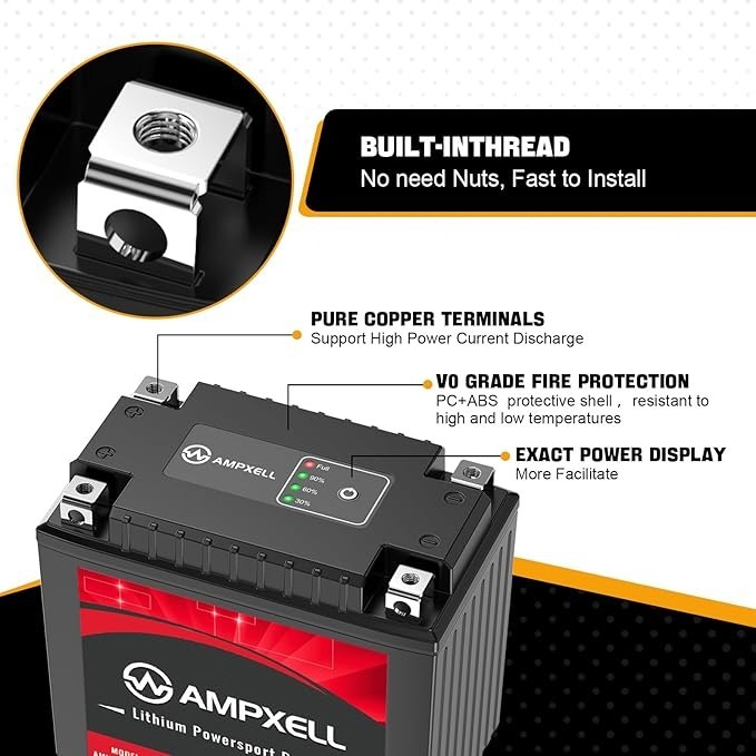 AMPXELL Lithium Powersport Battery, 12V, 4Ah, 48W, YTX20L-BS, ETX20L