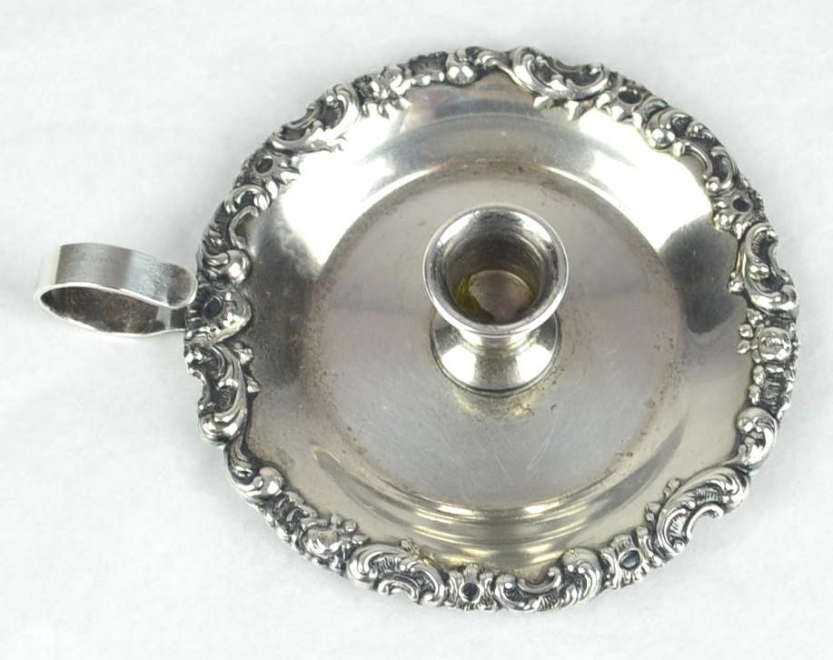STERLING SILVER REPOUSSE RIM TAPER CANDLE HOLDER WITH FINGER RING - 31.9 GRAMS