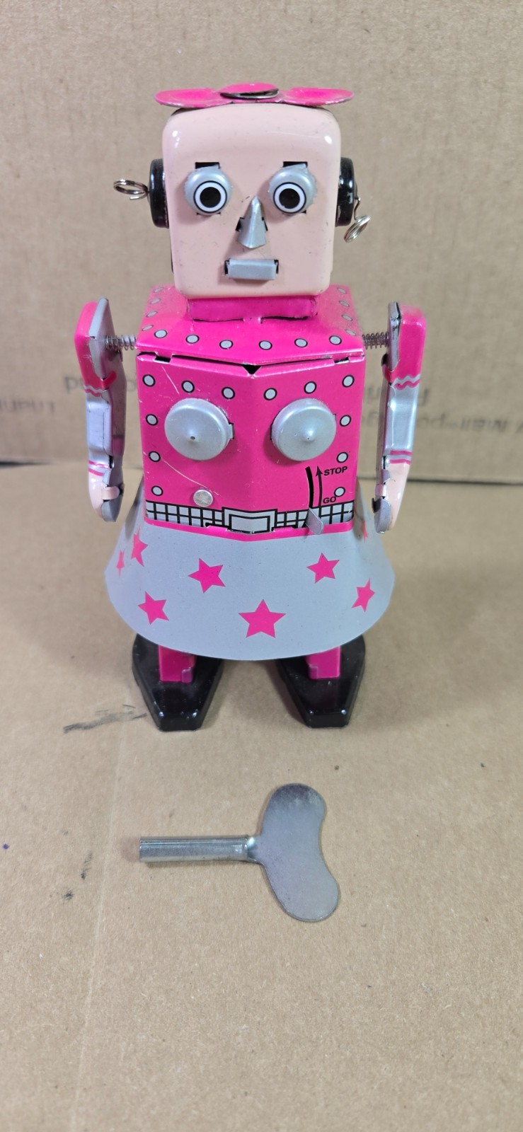 Vintage Venus Robot Ms 461 Pink Windup Tin Toy with Original Box and Key