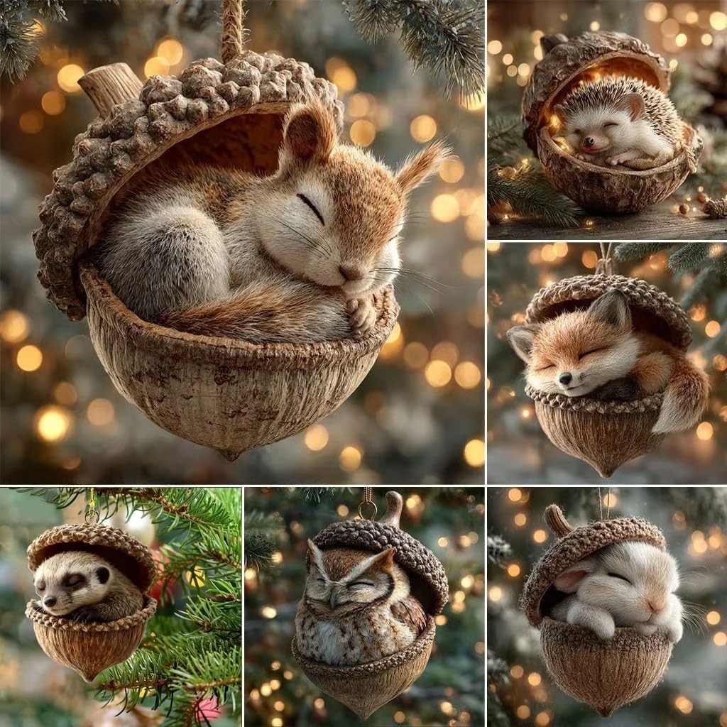 6pcs Cozy Forest Christmas Ornaments Forest Animal Acorn Ornaments.