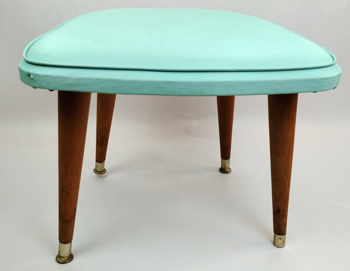 1963 Daystrom Atomic MCM Aqua Blue Vinyl Foot Stool 14" Tapered Peg Leg Gold Tip