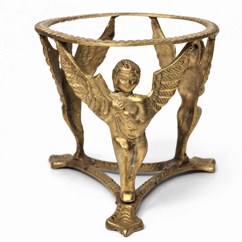 VTG Brass Cherub Angel Plant Stand Vase Holder Figural Putti Art Deco Table Base