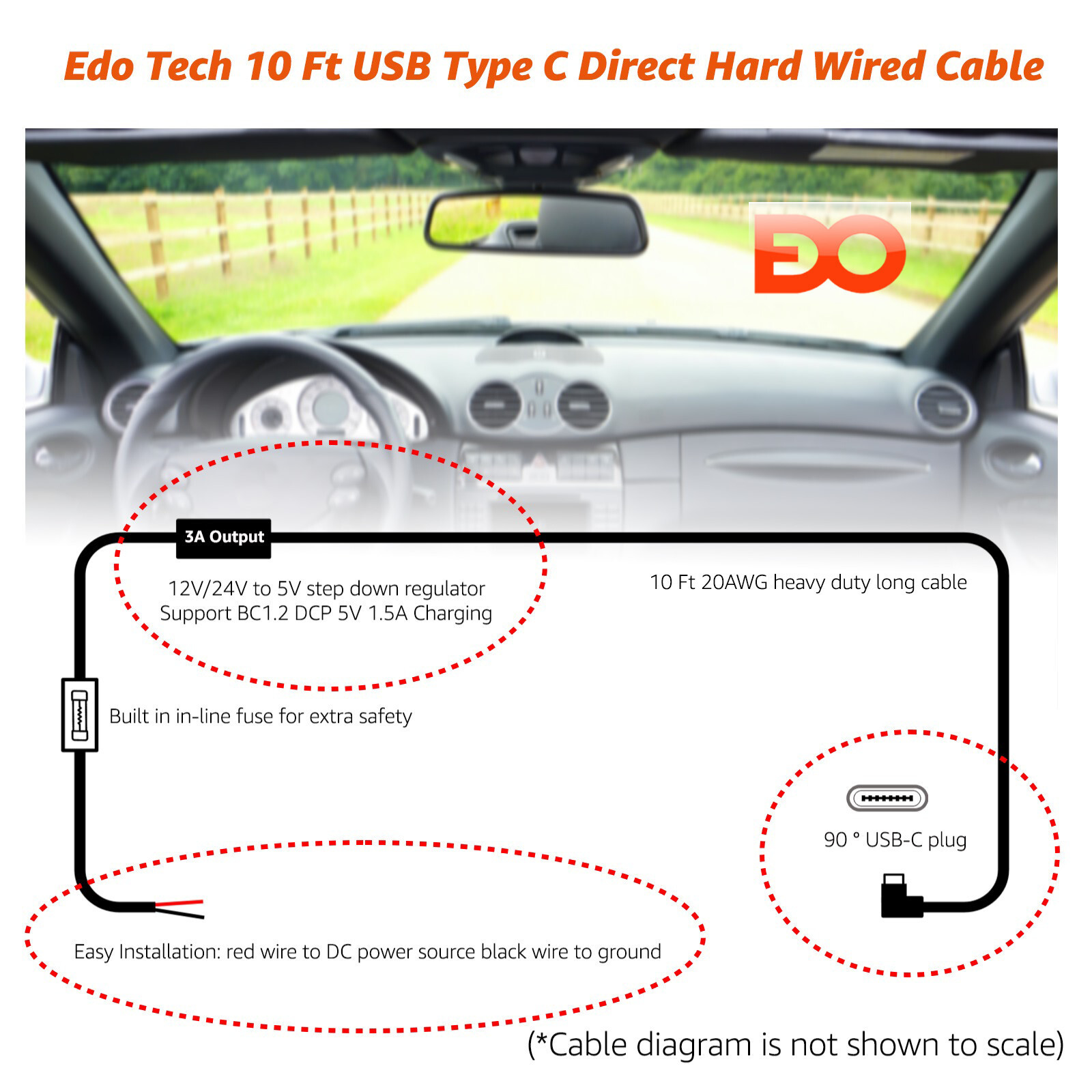 EDO Hardwire Car Charger USB-C for GPS Tracker Vehicle Dash Cam DVR Phone Tablet