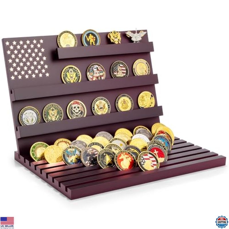 Premium Wooden Challenge Coin Display Stand - 11 Row Military Coin Holder Rack
