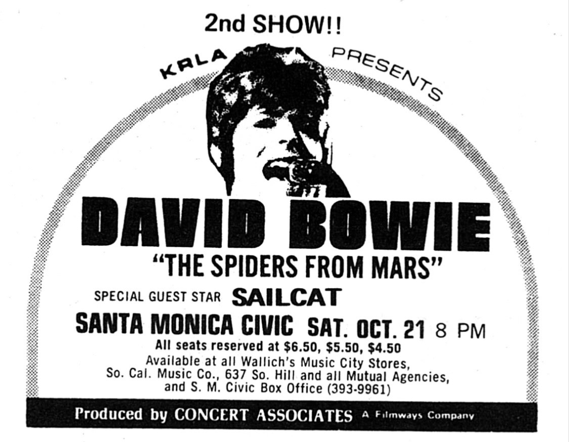 David Bowie&Spiders From Mars+Sellcat backstage pass Santa Monica Civic 10/20/72