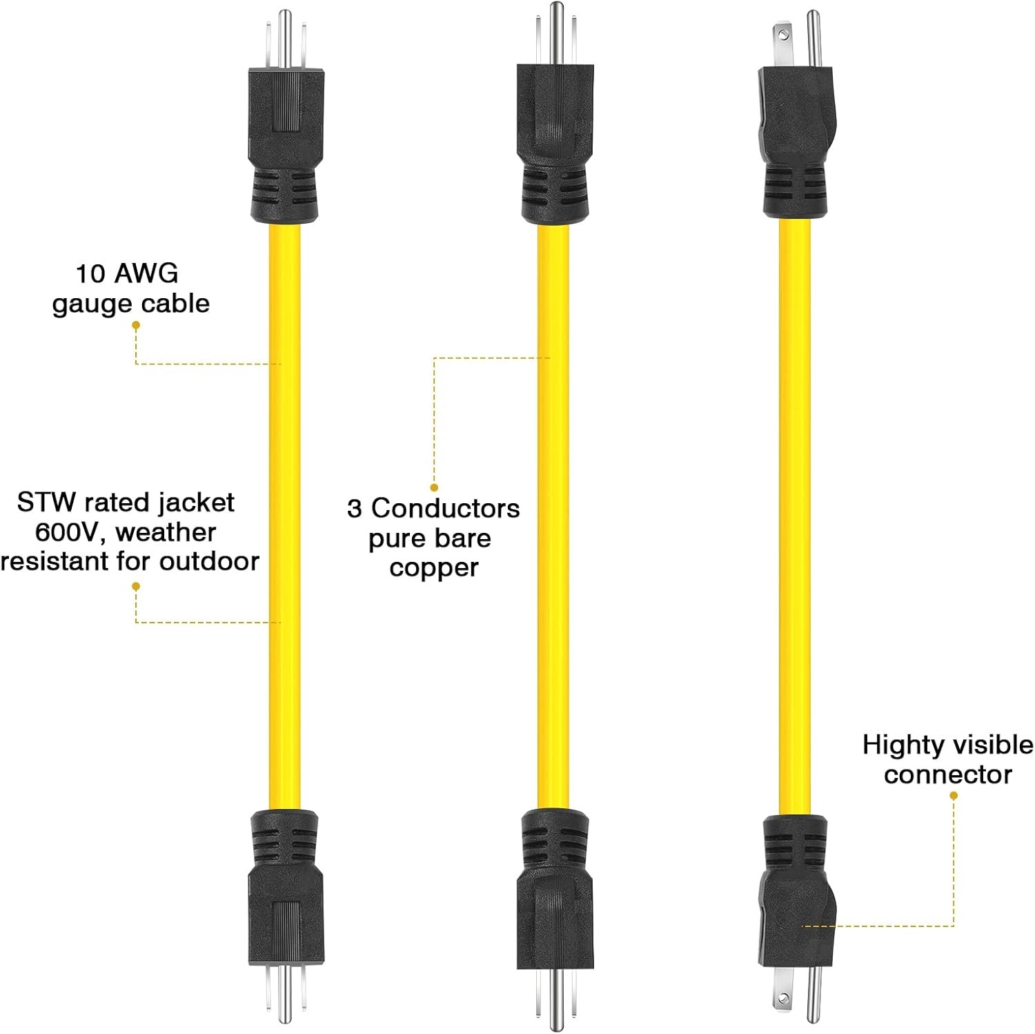 3 Prong Plug 125V Double Male Extension Cord NEMA 5-15P to 5-15P Adapter Yellow