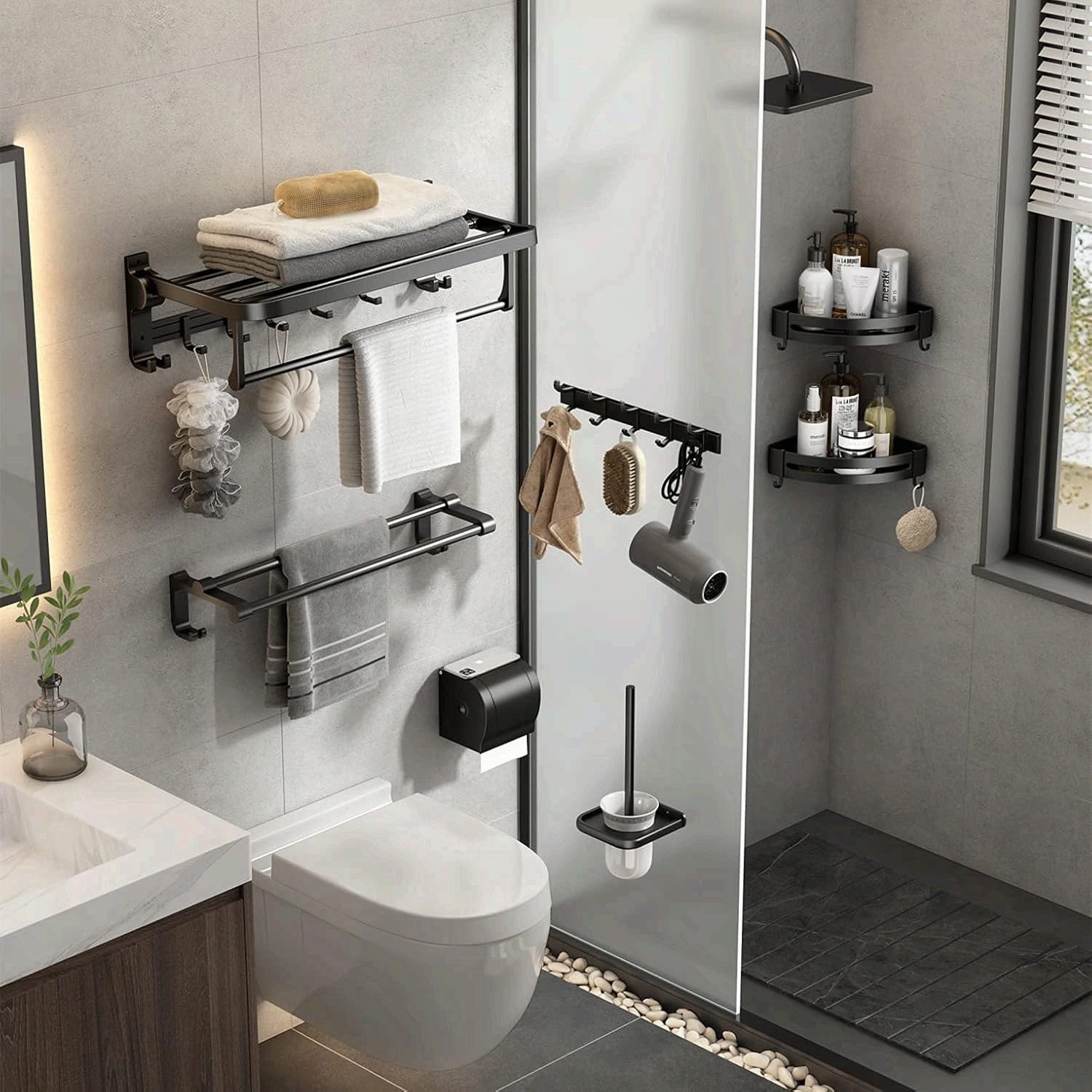 24 Inch Towel Rack with Towel Bar Holder Foldable Towel Shelf with Movable Hooks