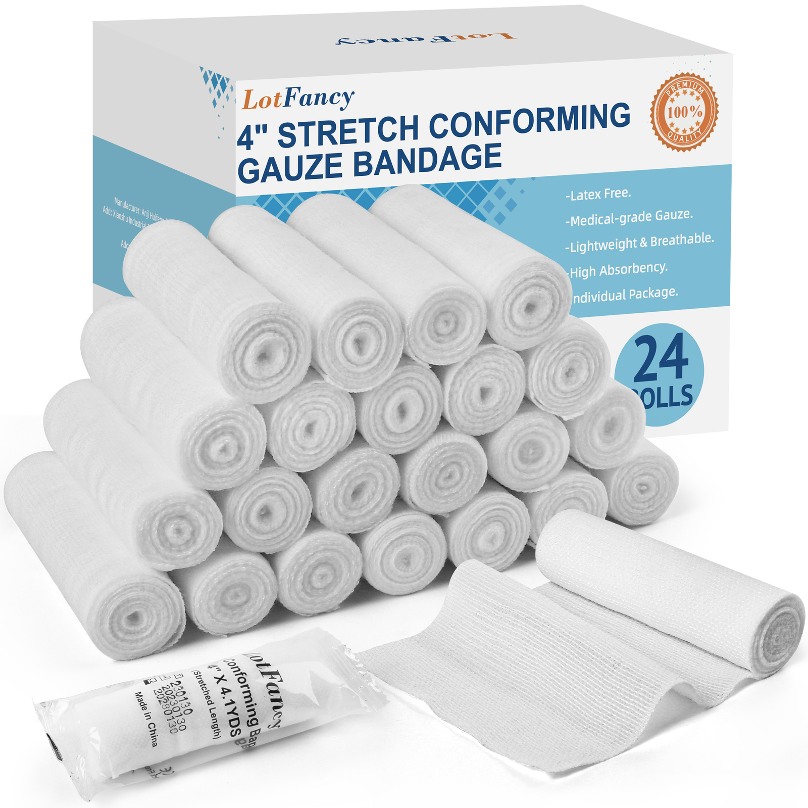24 Pack Gauze Rolls 4" x 4.1 Yards Individually Wrapped First Aid Bandages
