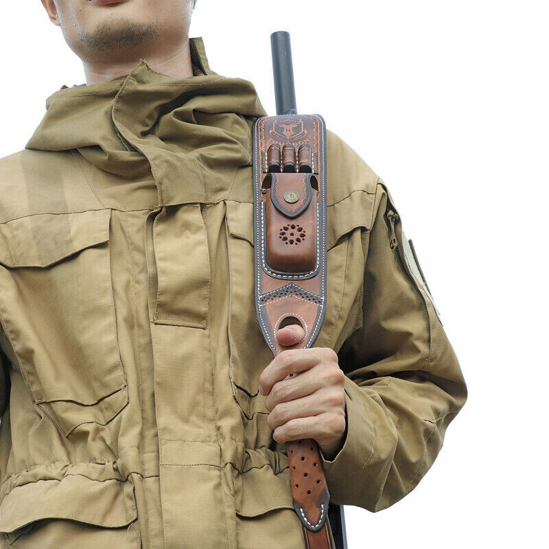 Tourbon Retro Leather Rifle Sling Gun Ammo Carrying Strap w/Knife Sheath Pocket