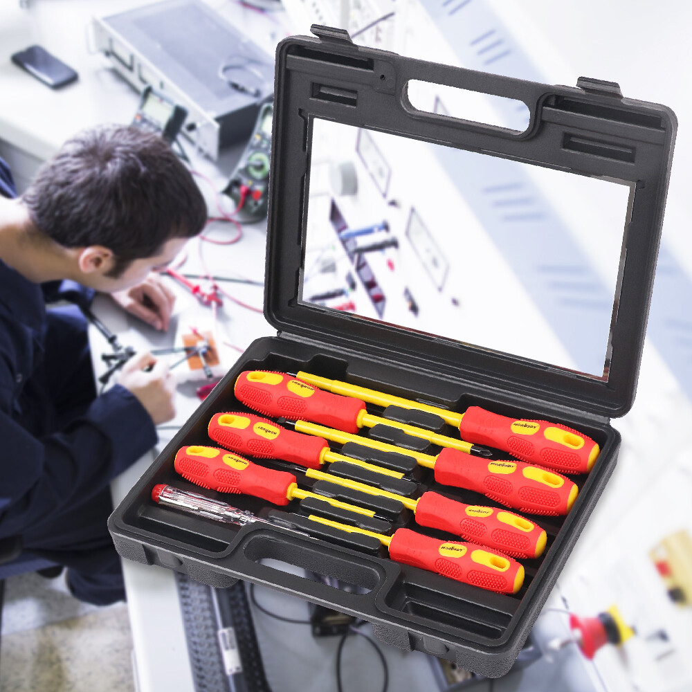 8pc Electrician's Insulated Magnetic Electrical Hand Screwdriver Tool Set & Case