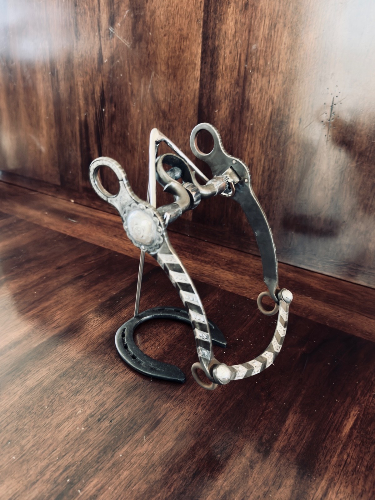 VINTAGE STERLING SILVER VENTURA STYLE CHEVRON INLAY SHOW BIT MAKER MARKED GARCIA