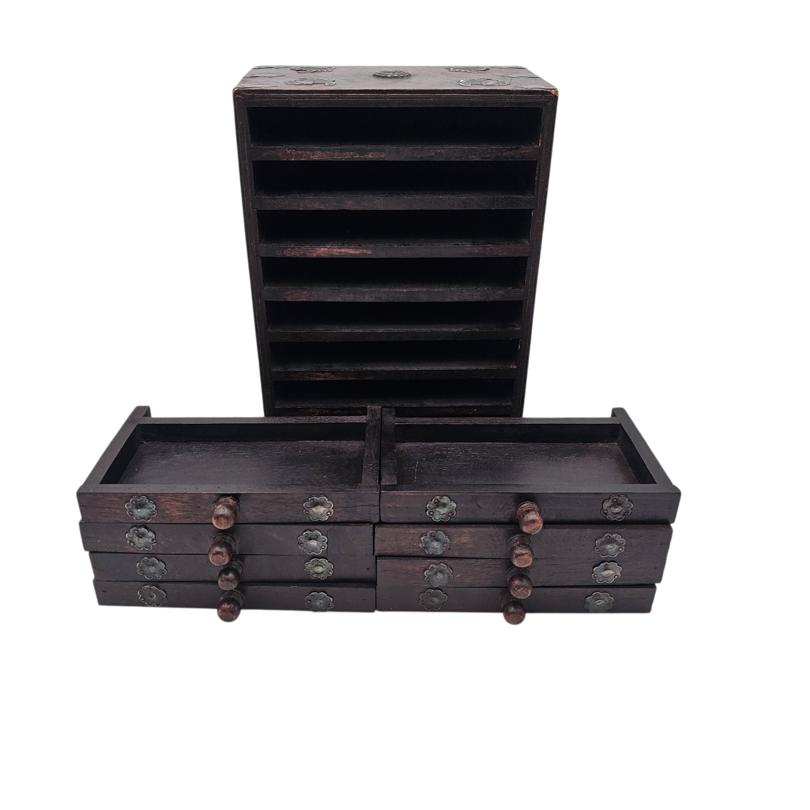 VTG Apothecary Drawer Cabinet 8 Drawer Indian Wood Spice Jewelry Chest (13")