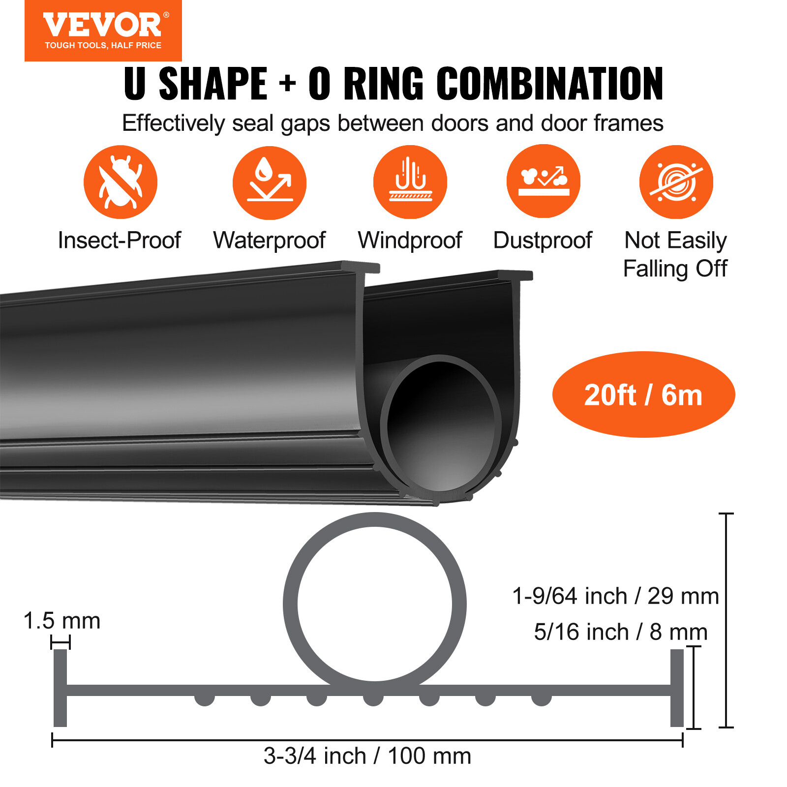 VEVOR Garage Door Seals Bottom Rubber Weather Stripping 20ft 5/16 inch T-end