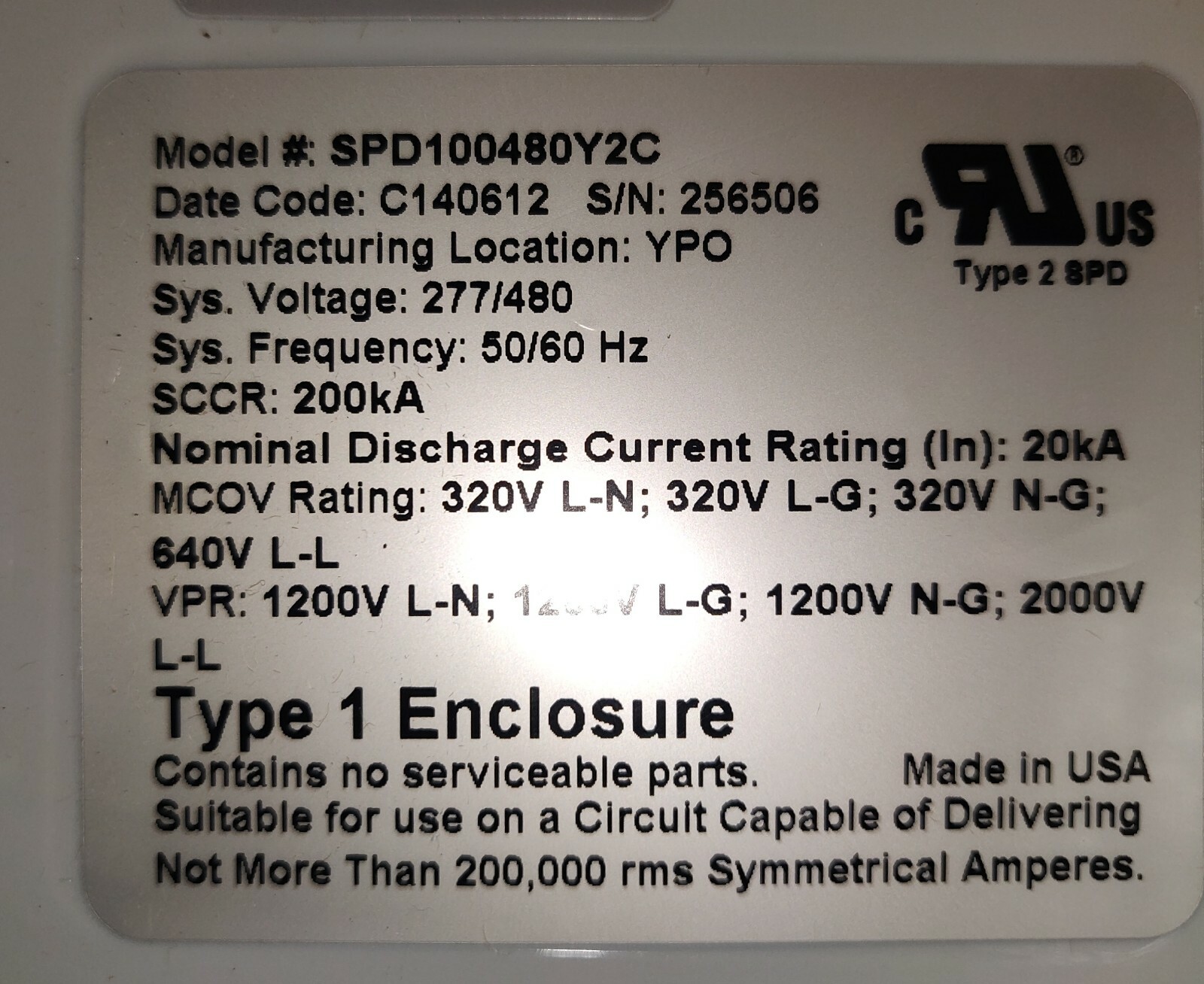 Eaton SPD100480Y2C Surge Protection, SPD Series, 100KA per phase, 480Y/277V, New