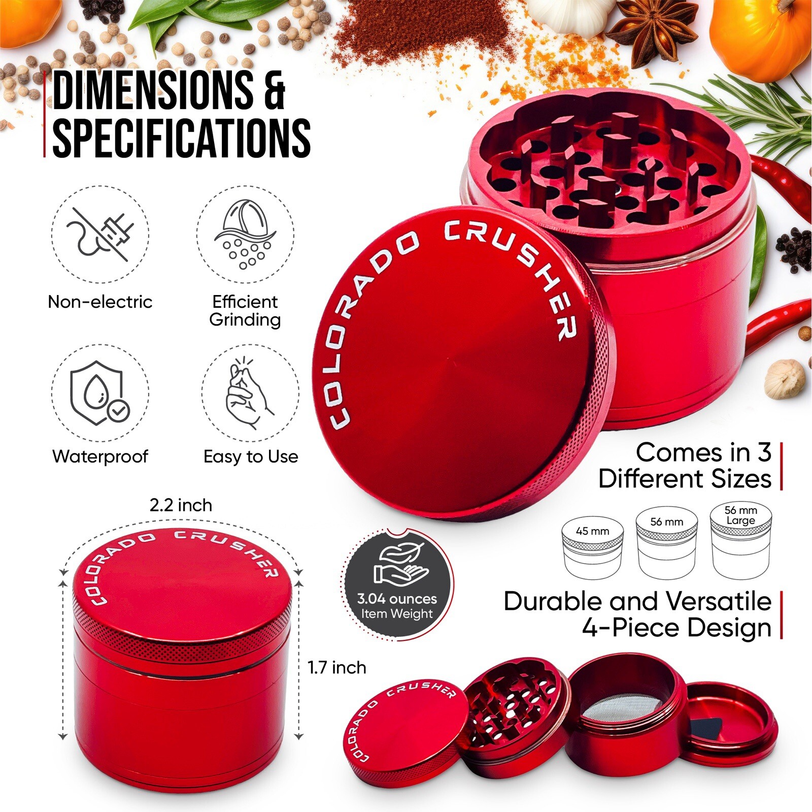 Colorado Crusher Spice Herb Tobacco Grinder 2.5 Inch 4 Piece Aluminum 56MM