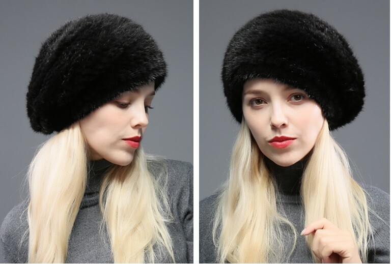 Women's Real Mink Fur Hat Beret Warm Beanie Cap Headwear Winter Brown Wine Black