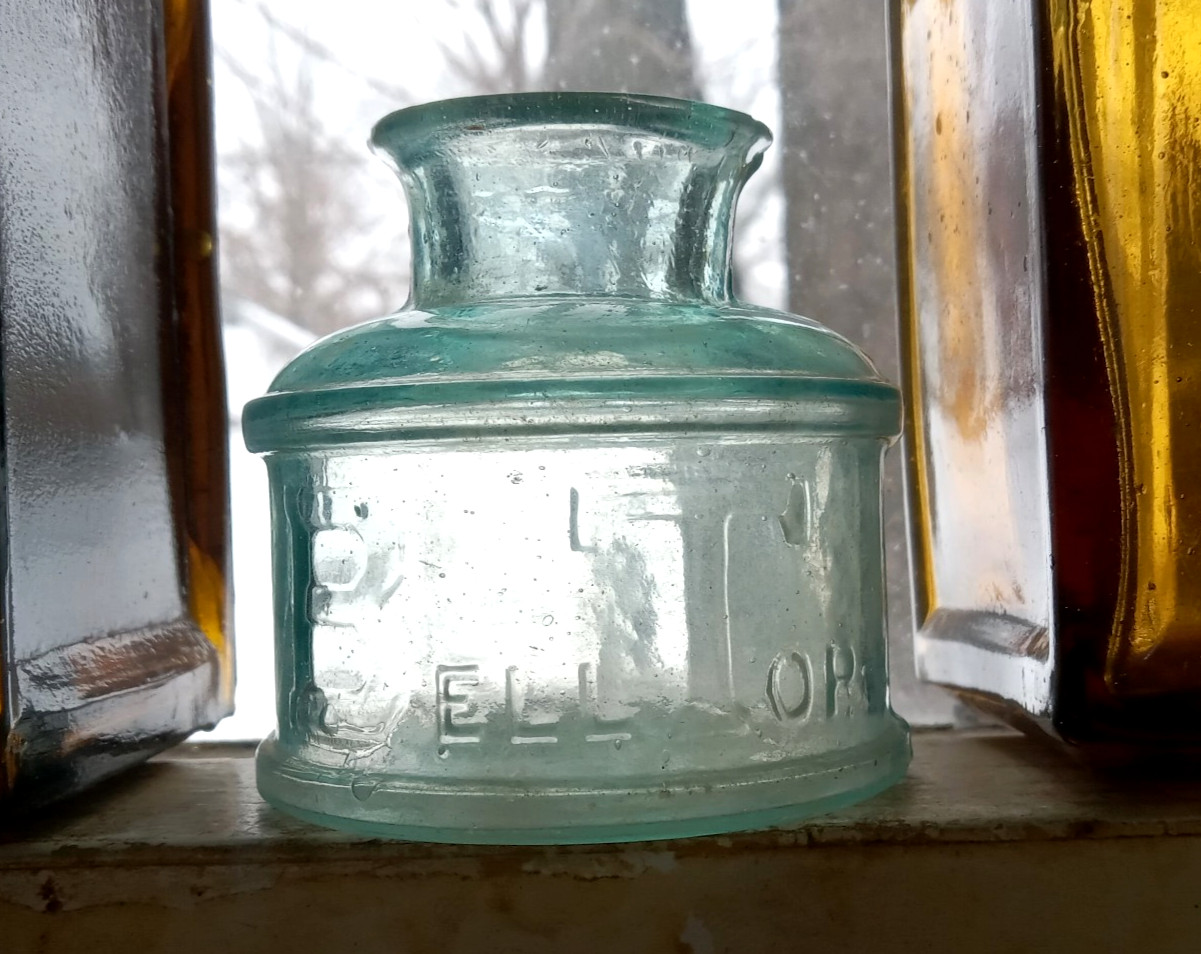 BELL TOP PAT APR.21st 1868 EMB FLARED LIP INK BOTTLE HAND BLOWN NICE