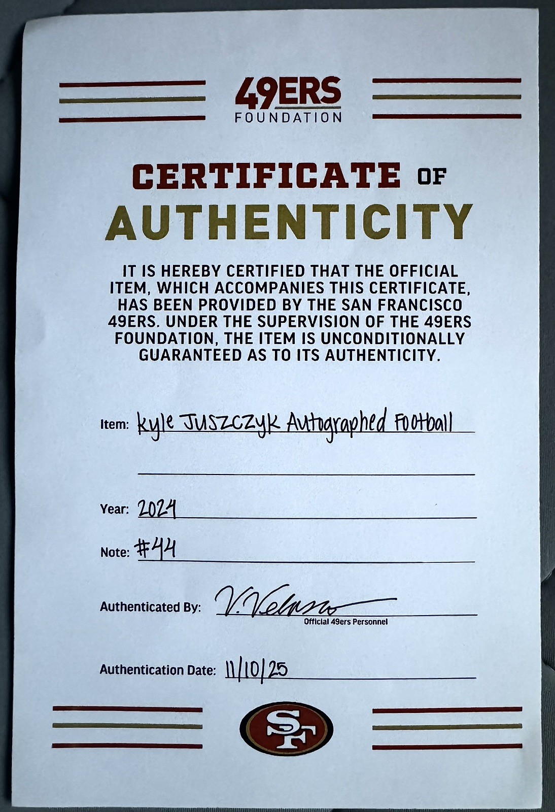 2023 San Francisco 49ers NFL Duke Team Issued Prepped Sample Football Ball COA